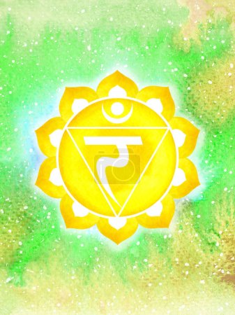 Manipura Solar Plexus Chakra gelb Farbe Logo Symbol Symbol Reiki Geist spirituelle Gesundheit Heilung ganzheitliche Energie Lotus Mandala Aquarell Malerei Kunst Illustration Design Universum Hintergrund