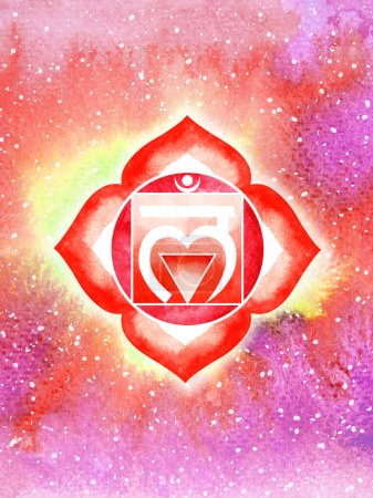 Muladhara Wurzel Chakra rote Farbe Logo Symbol Symbol Reiki Geist spirituelle Gesundheit Heilung ganzheitliche Energie Lotus Mandala Aquarell Malerei Kunst Illustration Design Universum Hintergrund