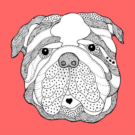 Téléchargez les photos : Grosse tête de crâne de bouledogue en sucre, jour de chien mignon des morts, illustration vectorielle, dessin à la main - en image libre de droit