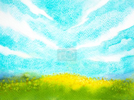 Téléchargez les photos : Abstrait paysage nature vert prairie doré jaune fleur champ terre herbe bleu ciel couleur fond esprit spirituel holistique guérison imaginer inspirant aquarelle peinture art illustration conception - en image libre de droit