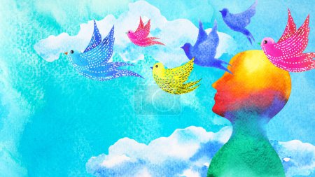 Téléchargez les photos : Oiseaux volant dans le ciel bleu abstrait art esprit santé mentale guérison spirituelle tête humaine liberté sentiment aquarelle peinture illustration dessin - en image libre de droit