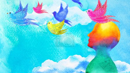 Téléchargez les photos : Oiseaux volant dans le ciel bleu abstrait art esprit santé mentale guérison spirituelle tête humaine liberté sentiment aquarelle peinture illustration dessin - en image libre de droit