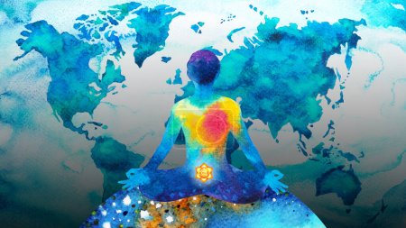 Téléchargez les photos : Humain méditer esprit santé mentale yoga chakra guérison spirituelle abstraite énergie méditation connecter l'univers puissance aquarelle peinture illustration conception dessin art - en image libre de droit
