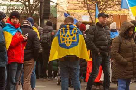 Photo for Dublin, Co. Dublin, Ireland - February 24th 2023 - Ukrainians and supporters rally. The first anniversary of Russia's invasion of Ukraine. O'Connell street near GPO - Royalty Free Image