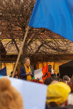 Photo for Dublin, Co. Dublin, Ireland - February 24th 2023 - Ukrainians and supporters rally. The first anniversary of Russia's invasion of Ukraine. O'Connell street near GPO. Speech of leader of Irish Labour party Ivana Bacik - Royalty Free Image