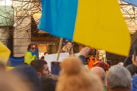 Photo for Dublin, Co. Dublin, Ireland - February 24th 2023 - Ukrainians and supporters rally. The first anniversary of Russia's invasion of Ukraine. O'Connell street near GPO. Musical concert - Royalty Free Image