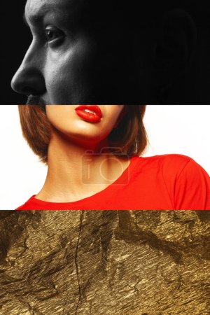 Foto de Masculino - Concepto femenino. Collage de rostros masculinos y femeninos. Colores y texturas vívidas. Espacio de texto. Estilo vanguardista. De cerca. Captura de estudio - Imagen libre de derechos
