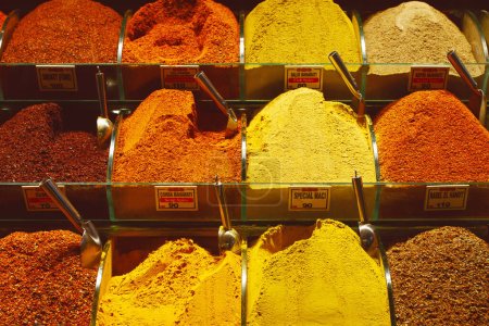 Photo for Healthy vegan organic food ingredients concept. Spices of different colours at Istanbul market in Turkey. Close up. Outdoor shot - Royalty Free Image