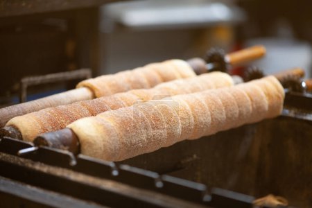 Photo for Trdelnik or trdlo on a showcase shop, Kind of spit cake made from rolled dough wrapped around a stick, grilled and topped with sugar, walnut mix. Prague, Czech Republic. Indoor shot - Royalty Free Image