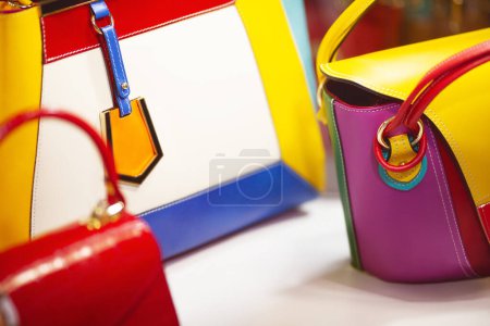 Photo for Haute couture concept. Different colourful handbags in suprematism style. Close up. Indoor shot - Royalty Free Image