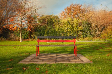 Photo for Travel concept. A small bench in Bruff Riverside Park, County Limerick, Ireland. Outdoor shot - Royalty Free Image