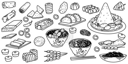Ilustración de Dibujo a mano de conjunto de alimentos indonesios aislados sobre fondo blanco. - Imagen libre de derechos
