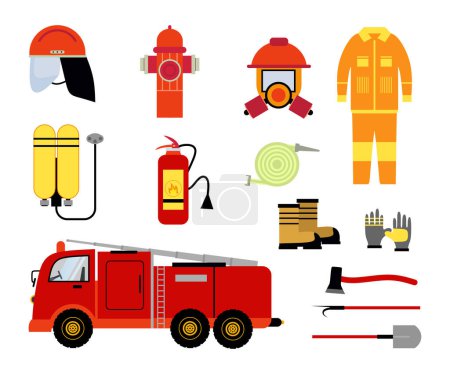 Illustration for Fire equipment elements with hydrants, axe , mask, extinguisher, nozzle, truck, boat and gloves. - Royalty Free Image