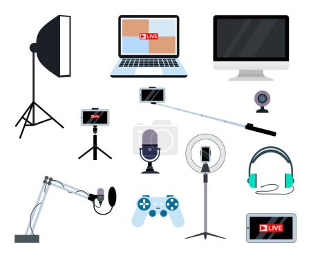 Illustration for Set of Equipments for streamers and blogger isolated on white background. - Royalty Free Image