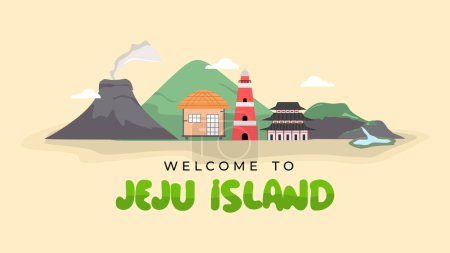 Téléchargez les illustrations : Welcome to jeju island background on yellow background. Welcome to Jeju island in South Korea, traditional landmarks, symbols, popular place for visiting tourists, jeju green tropical island with water travel. - en licence libre de droit