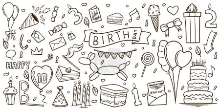 Illustration for Hand drawn birthday equipments elements doodle set drawing isolated on white background. - Royalty Free Image