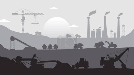 Illustration for Mining view factory quarry landscape silhouette flat elements background in black white color. - Royalty Free Image