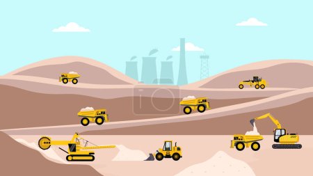 Téléchargez les illustrations : Quarry landscape flat elements with mining vehicles. Pit sand and excavator with heavy machinery. - en licence libre de droit