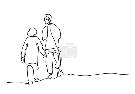 Téléchargez les illustrations : Hand drawing one line of mature couple walking together isolated on white background. - en licence libre de droit