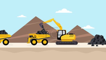 Illustration for Heavy machinery of wheeled excavator filling with coal materials on a truck. - Royalty Free Image