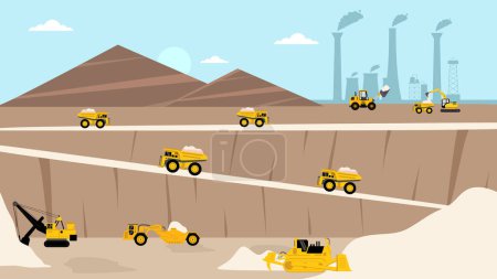 Téléchargez les illustrations : Quarry landscape flat elements with mining vehicles. Pit sand and excavator with heavy machinery. - en licence libre de droit