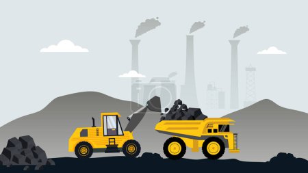 Illustration for Heavy machinery of wheeled excavator filling with coal materials on a truck. - Royalty Free Image