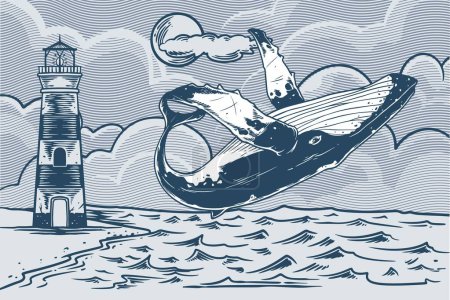 Téléchargez les illustrations : Hand drawing of acrobatic wheel in ocean theme vintage style. - en licence libre de droit