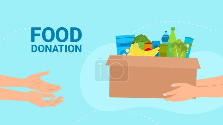 Illustration for People giving a donation box with food for charity and solidarity. - Royalty Free Image