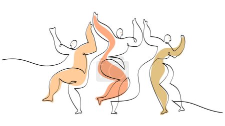 Ilustración de Dibujo continuo de una sola línea de tres personas bailando estilo picasso. - Imagen libre de derechos