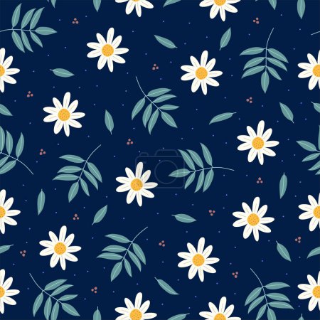 Daisy flower seamless pattern isolated on blue background.