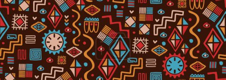 African tribal seamless pattern drawing, Doodle elements symbol, ethnic aztec geometric design. Maya border handycraft with colorful decoration. Vector illustration for ancient print and textile.