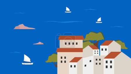 Illustration for Picturesque Spanish Coastal Town Illustration with Mediterranean Sea View - Royalty Free Image