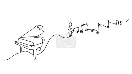 Téléchargez les illustrations : Notes de musique dessin en ligne continue avec piano - en licence libre de droit