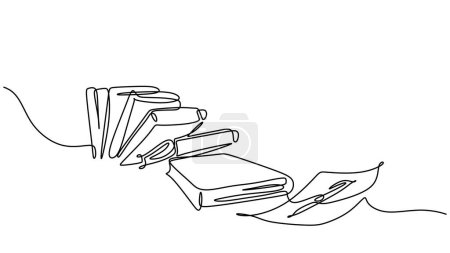 Dibujo en línea de libro, pila continua de libros con lápiz y papel para escribir. Diseño de ilustración vectorial dibujado a mano minimalista.