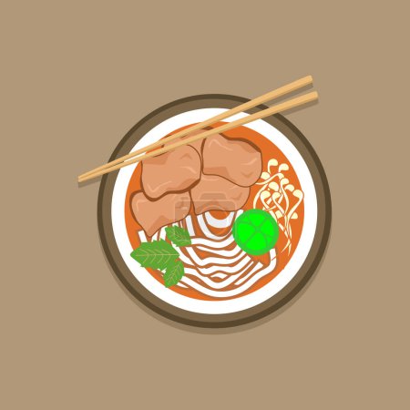 Ilustración de Sopa de fideos Pho vietnamita - Deliciosa sopa de fideos Pho vietnamita con carne de res y hierbas Vector Illustration - Imagen libre de derechos