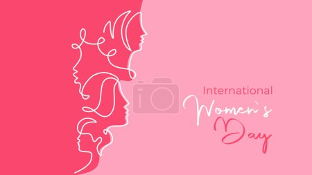 Illustration for International womens day card. Vector illustration continuous one line drawing with pink colors background. - Royalty Free Image