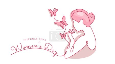 Illustration for International women's day card. Vector One line drawing. woman with butterfly. Elegant design illustration. - Royalty Free Image