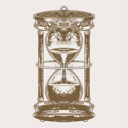 Illustration for Hourglass engraving drawing, sandglass hand drawn vintage style vector illustration. Black isolated on white background - Royalty Free Image