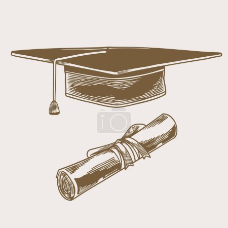 Ilustración de Tapa de graduación y diploma laminado dibujo vintage, ilustración vectorial grabado universitario, aislado sobre fondo blanco - Imagen libre de derechos