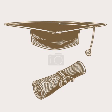 Illustration for Graduation cap and rolled diploma vintage drawing, education engraving sketch vector illustration, isolated on white background - Royalty Free Image