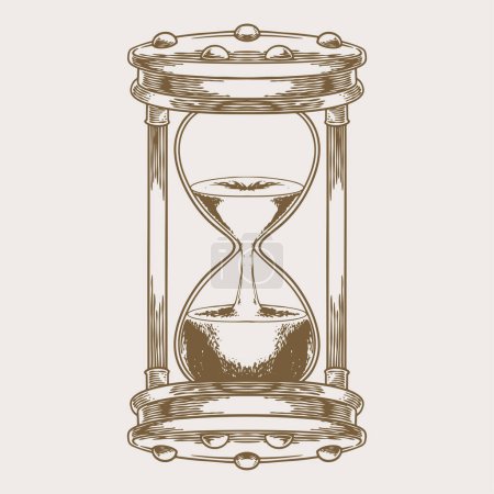 Ilustración de Dibujo de grabado de reloj de arena, ilustración vectorial de estilo vintage dibujada a mano de vidrio de arena. Negro aislado sobre fondo blanco - Imagen libre de derechos