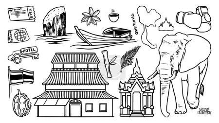 Téléchargez les illustrations : Voyage en Thaïlande doodle ensemble icônes. Dessin à la main croquis d'objets. Voilier, éléphant et ancienne destination de pagode. Bâtiment architectural en Asie de l'Est. - en licence libre de droit