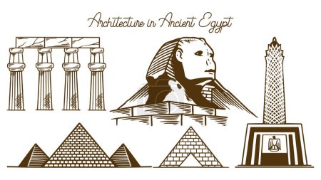 Illustration for Egypt buildings set sketch vector illustration. Hand drawn ancient architectural temple and statue. - Royalty Free Image