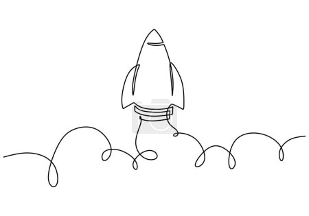 Téléchargez les illustrations : Rocket One Line Drawing : Objet de thème de sport dessiné à la main en continu - en licence libre de droit