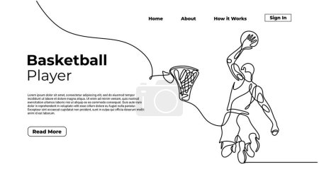 Illustration for Slamdunk style basketball player, continuous one line art drawing, vector silhouette illustration, people jump. Good for sport graphic landing page element resources. - Royalty Free Image