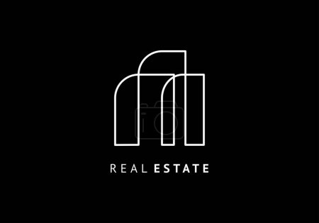 Real estate line logo vector template. Building minimalist with simple outline drawing. Modern white line on black background.