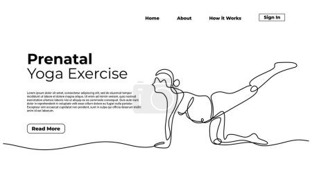 Illustration for Prenatal yoga exercise, woman doing healthy pose during pregnant. Continuous one line art drawing minimalist, landing page template web concept, vector illustration editable stroke hand drawn. - Royalty Free Image
