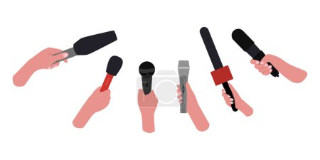 Illustration for Hands holding microphone. Mass media reporters with mic recorder taking interview on live television, press conference journalism concept. Vector on white background. Newsmen holding mic for broadcast - Royalty Free Image