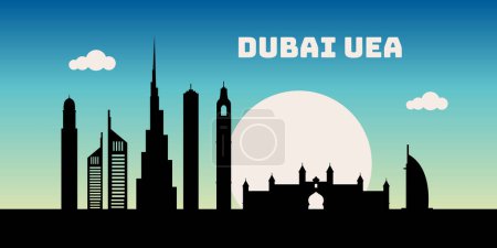 Téléchargez les illustrations : Dubaï Uni Emirate Arab dans le paysage urbain nocturne illustration vectorielle de croquis. Célèbre ville populaire dans le monde dans le style rouge. - en licence libre de droit