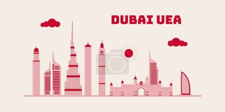 Téléchargez les illustrations : Dubaï Uni Emirate Arab cityscape skyline sketch illustration vector. Célèbre ville populaire dans le monde dans le style rouge. - en licence libre de droit